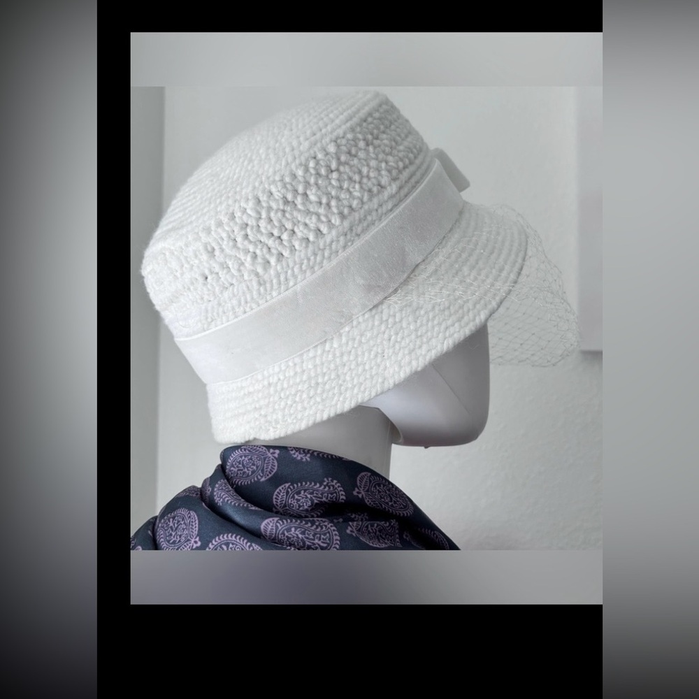 Everitt Vintage Wool Bucket Hat Cloche Bow Fishnet Face Veil Cream White 6.75” - Picture 3 of 9